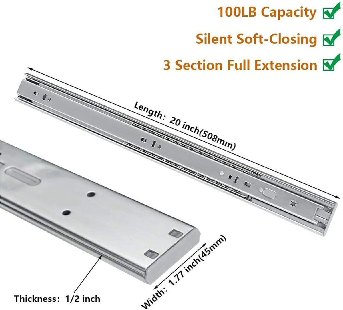 Full Extension Ball Bearing Drawer Slides 8 10 12 14 16 18 20 22 24 Inch Heavy Duty Side Mount File Cabinet Rails Dresser Runner Kitchen Cabinet Drawer Glides 100 LB Capacity (12 inch,1 Pair)