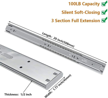 Full Extension Ball Bearing Drawer Slides 8 10 12 14 16 18 20 22 24 Inch Heavy Duty Side Mount File Cabinet Rails Dresser Runner Kitchen Cabinet Drawer Glides 100 LB Capacity (12 inch,1 Pair)