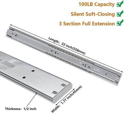 Full Extension Ball Bearing Drawer Slides 8 10 12 14 16 18 20 22 24 Inch Heavy Duty Side Mount File Cabinet Rails Dresser Runner Kitchen Cabinet Drawer Glides 100 LB Capacity (12 inch,1 Pair)