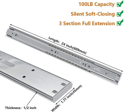 Full Extension Ball Bearing Drawer Slides 8 10 12 14 16 18 20 22 24 Inch Heavy Duty Side Mount File Cabinet Rails Dresser Runner Kitchen Cabinet Drawer Glides 100 LB Capacity (12 inch,1 Pair)
