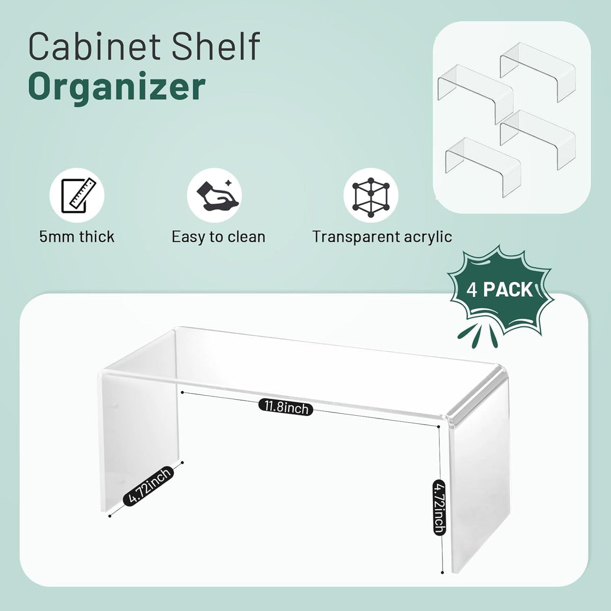 Clear Cabinet Shelf Organizers, Shelf Risers Kitchen Cabinets, Spice Rack for Dishes, Soda Cans and Cup（11.8 x 4.72 x 4.72 Inch）