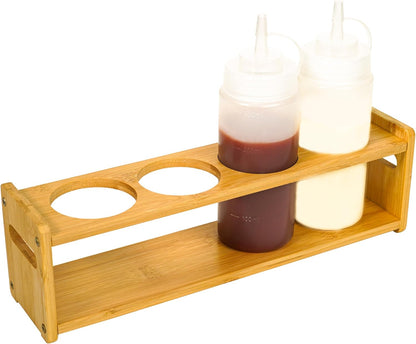 Wooden Condiment Caddy for Kitchen Squeeze Bottle & Oil Dispenser