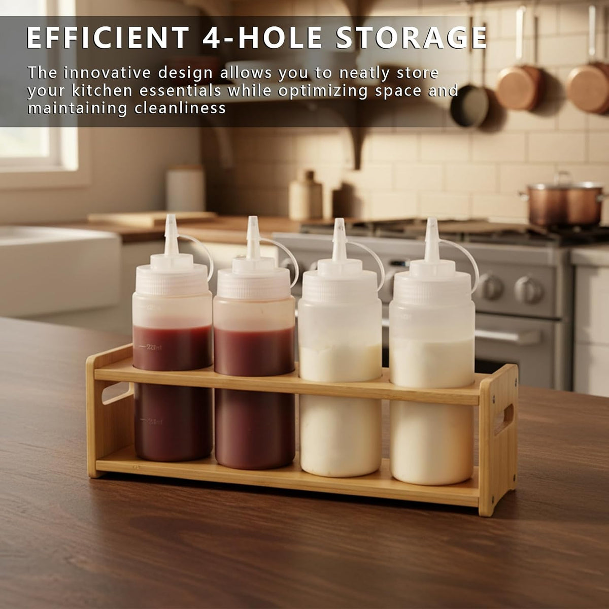 Wooden Condiment Caddy for Kitchen Squeeze Bottle & Oil Dispenser