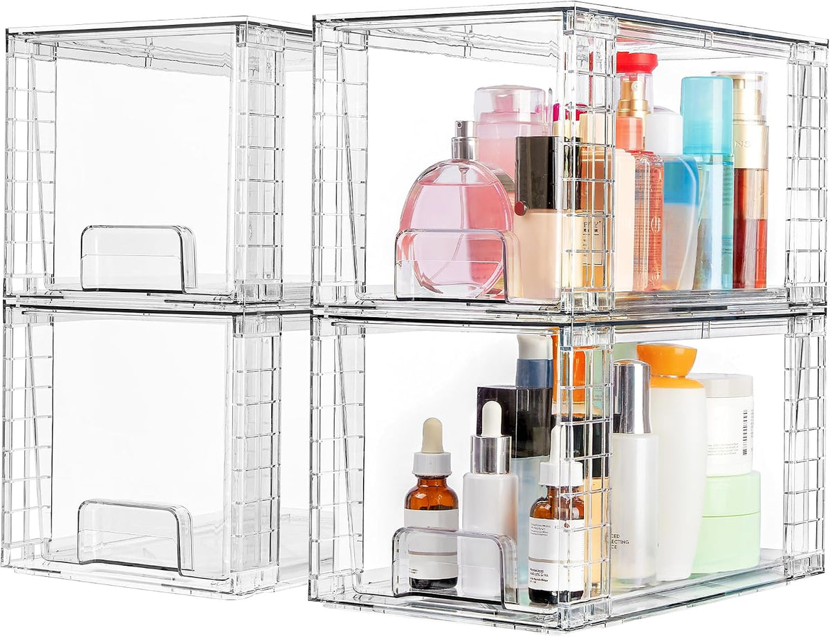 Large Stackable Storage Drawers, Clear | Easily Assemble Bathroom Closet Undersink Organizers and Storage Kitchen Cabinets,Pantry,Makeup,Medicine Organization