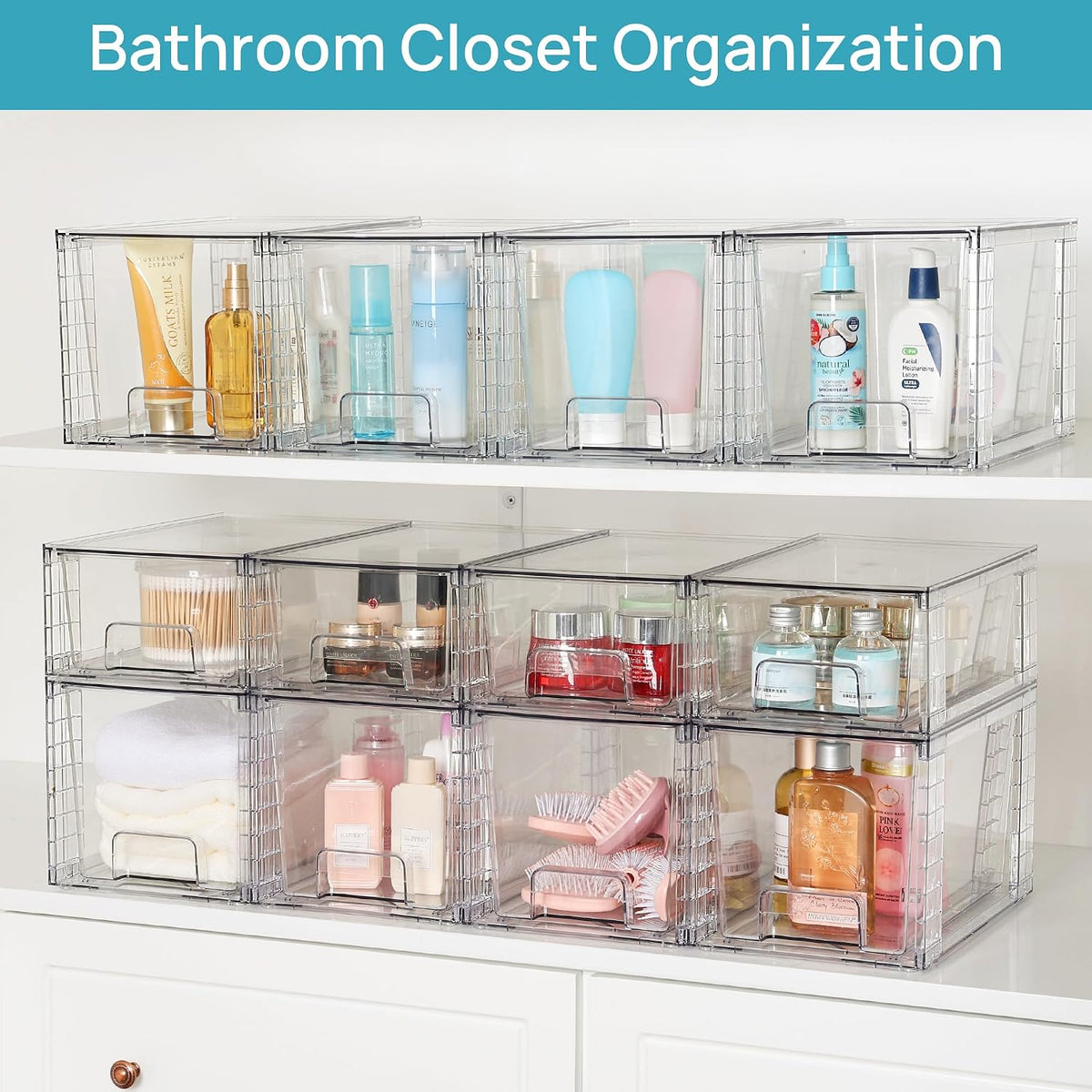 Large Stackable Storage Drawers, Clear | Easily Assemble Bathroom Closet Undersink Organizers and Storage Kitchen Cabinets,Pantry,Makeup,Medicine Organization
