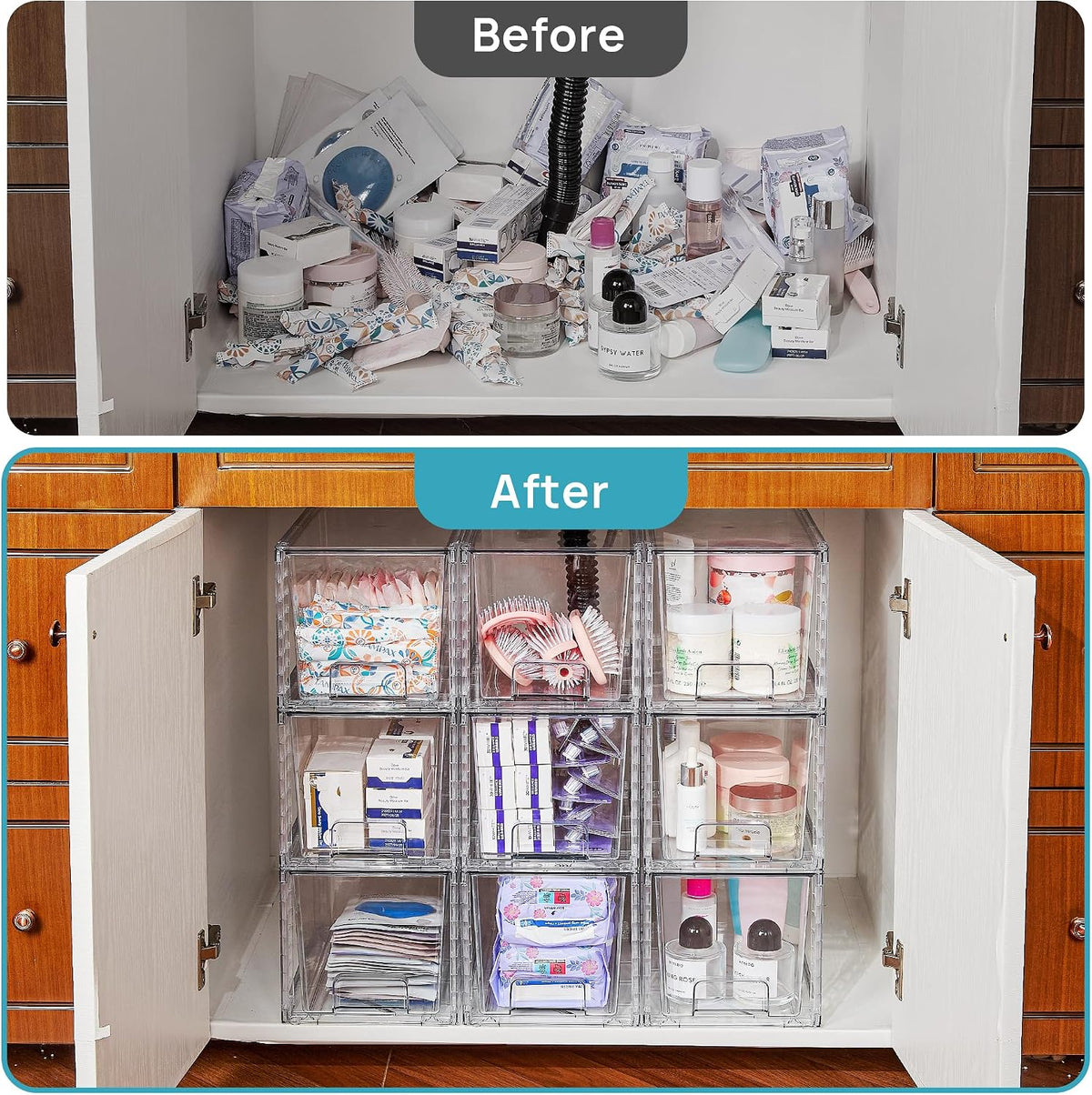 Large Stackable Storage Drawers, Clear | Easily Assemble Bathroom Closet Undersink Organizers and Storage Kitchen Cabinets,Pantry,Makeup,Medicine Organization