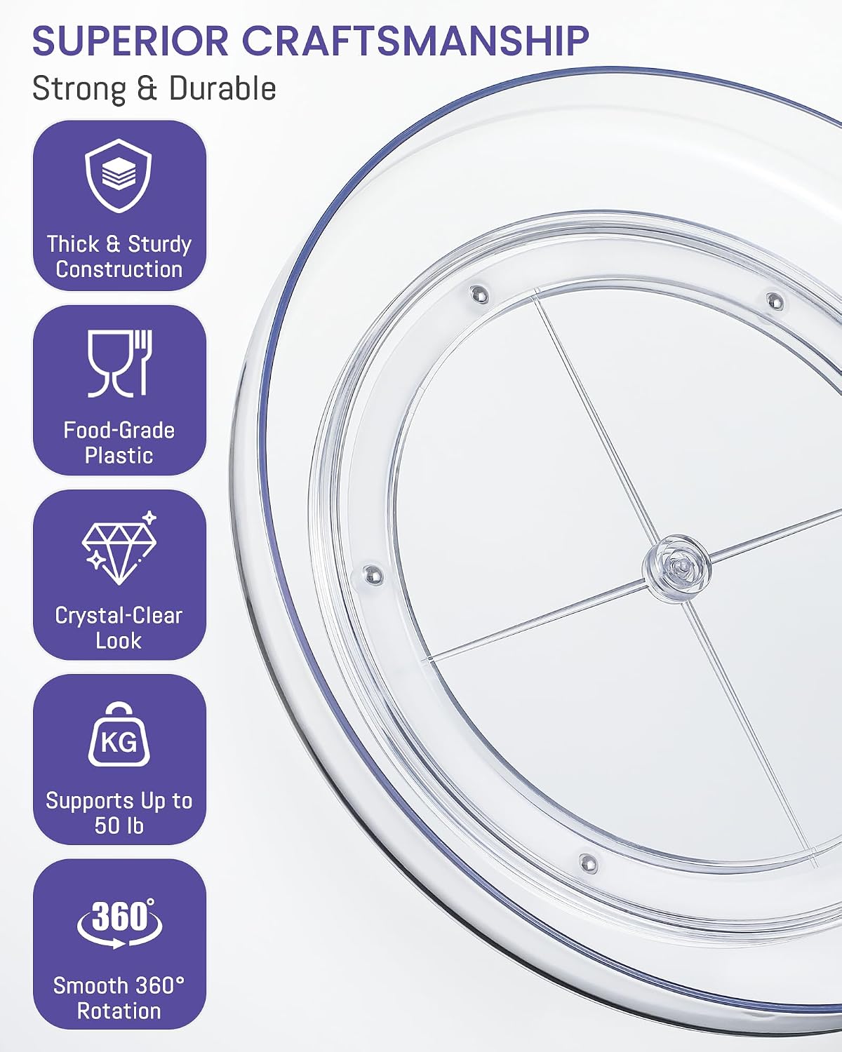9 Inch Elegant Clear Turntable Acrylic Lazy Susan, Non-Skid Rotating | Smoothly Kitchen Spice Rack, Cabinet Pantry Organization Storage, Refrigerator, Vanity Makeup, Bathroom Countertop Organizer