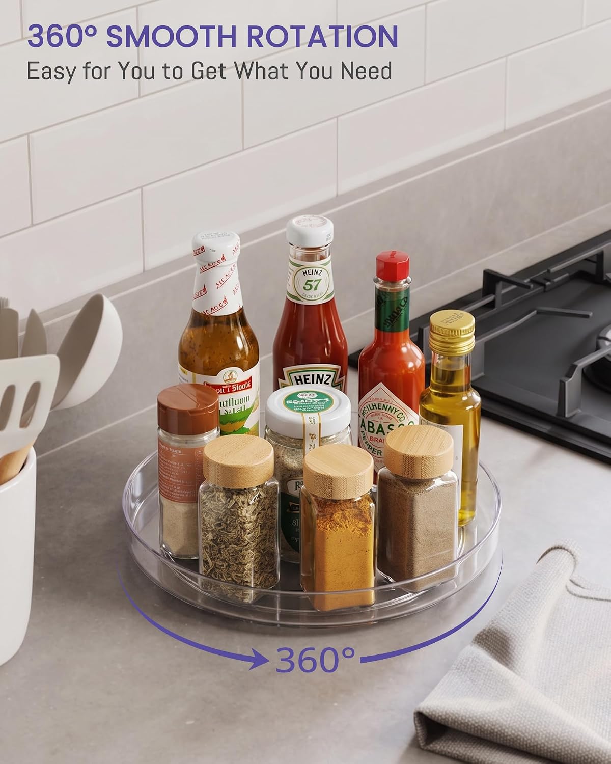 9 Inch Elegant Clear Turntable Acrylic Lazy Susan, Non-Skid Rotating | Smoothly Kitchen Spice Rack, Cabinet Pantry Organization Storage, Refrigerator, Vanity Makeup, Bathroom Countertop Organizer