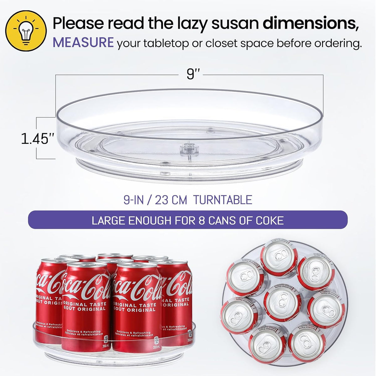 9 Inch Elegant Clear Turntable Acrylic Lazy Susan, Non-Skid Rotating | Smoothly Kitchen Spice Rack, Cabinet Pantry Organization Storage, Refrigerator, Vanity Makeup, Bathroom Countertop Organizer