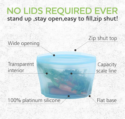 Reusable Silicone Food Storage Bag, Stand Up Food Storage Container, Reusable Zipper seal bag, no lid required, for Food Storage& Meal Prep, Freezer Oven Dishwasher - Safe, Set of 6 Bowls