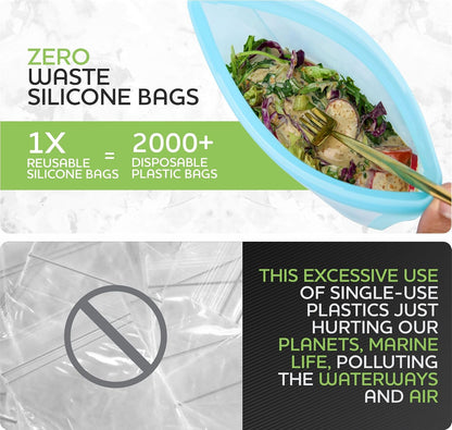 Reusable Silicone Food Storage Bag, Stand Up Food Storage Container, Reusable Zipper seal bag, no lid required, for Food Storage& Meal Prep, Freezer Oven Dishwasher - Safe, Set of 6 Bowls