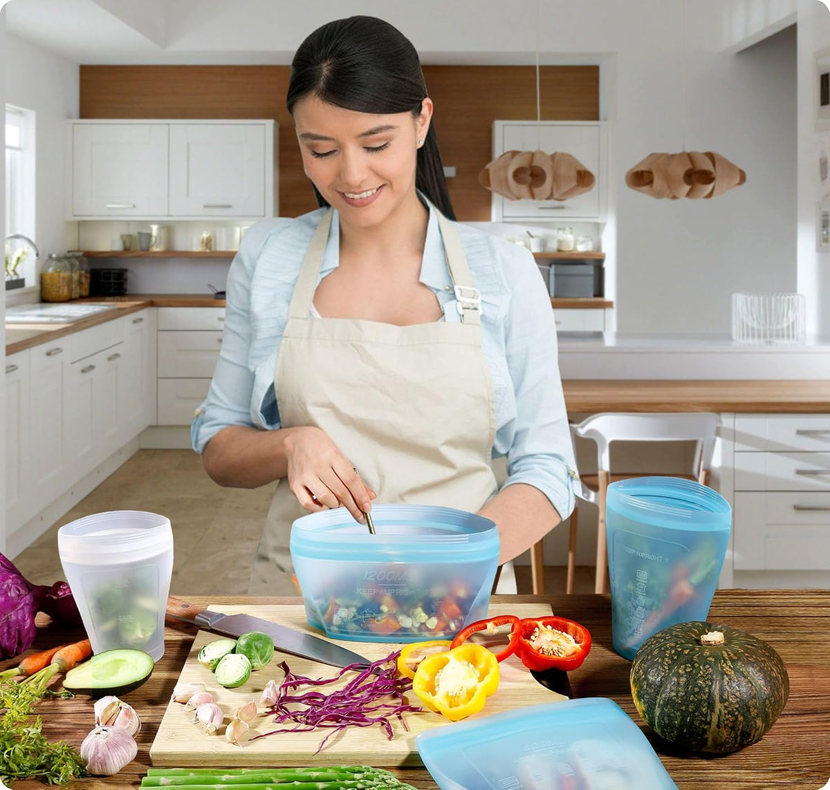 Reusable Silicone Food Storage Bag, Stand Up Food Storage Container, Reusable Zipper seal bag, no lid required, for Food Storage& Meal Prep, Freezer Oven Dishwasher - Safe, Set of 6 Bowls