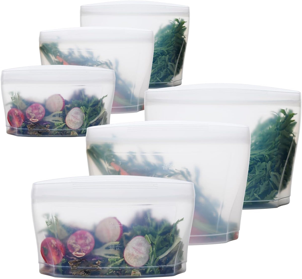 Reusable Silicone Food Storage Bag, Stand Up Food Storage Container, Reusable Zipper seal bag, no lid required, for Food Storage& Meal Prep, Freezer Oven Dishwasher - Safe, Set of 6 Bowls