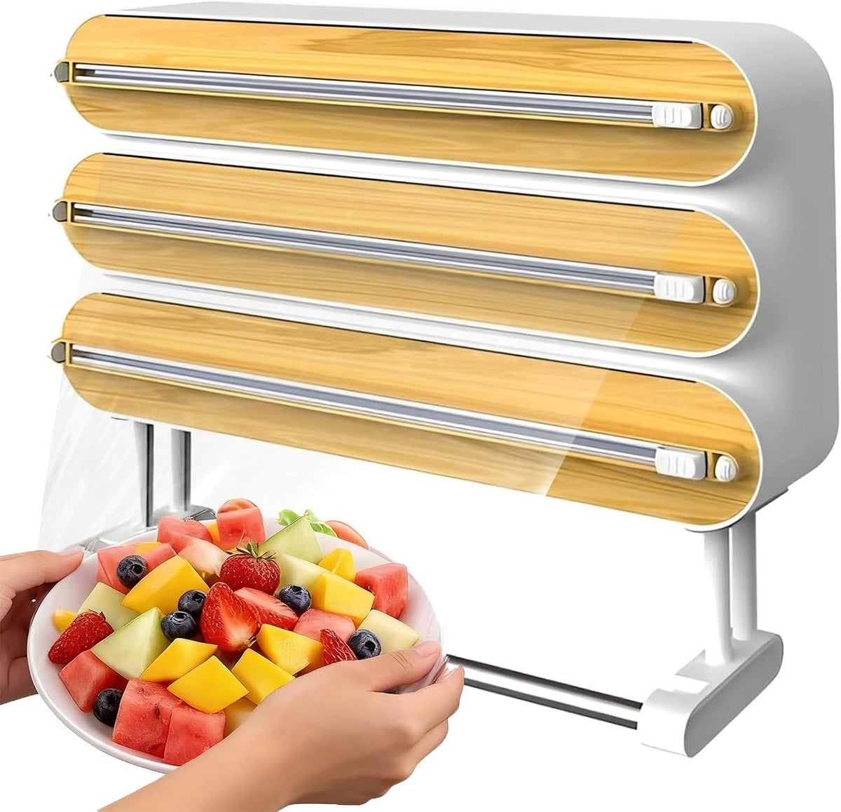 4 in 1 Plastic Wrap Dispenser with Cutter,Wooden Aluminum Foil Organizer | Magnetic Holder with Kitchen Towel Holder, Wall Mount Kitchen Wrap Dispenser for Pantry and Kitchen Cabinet