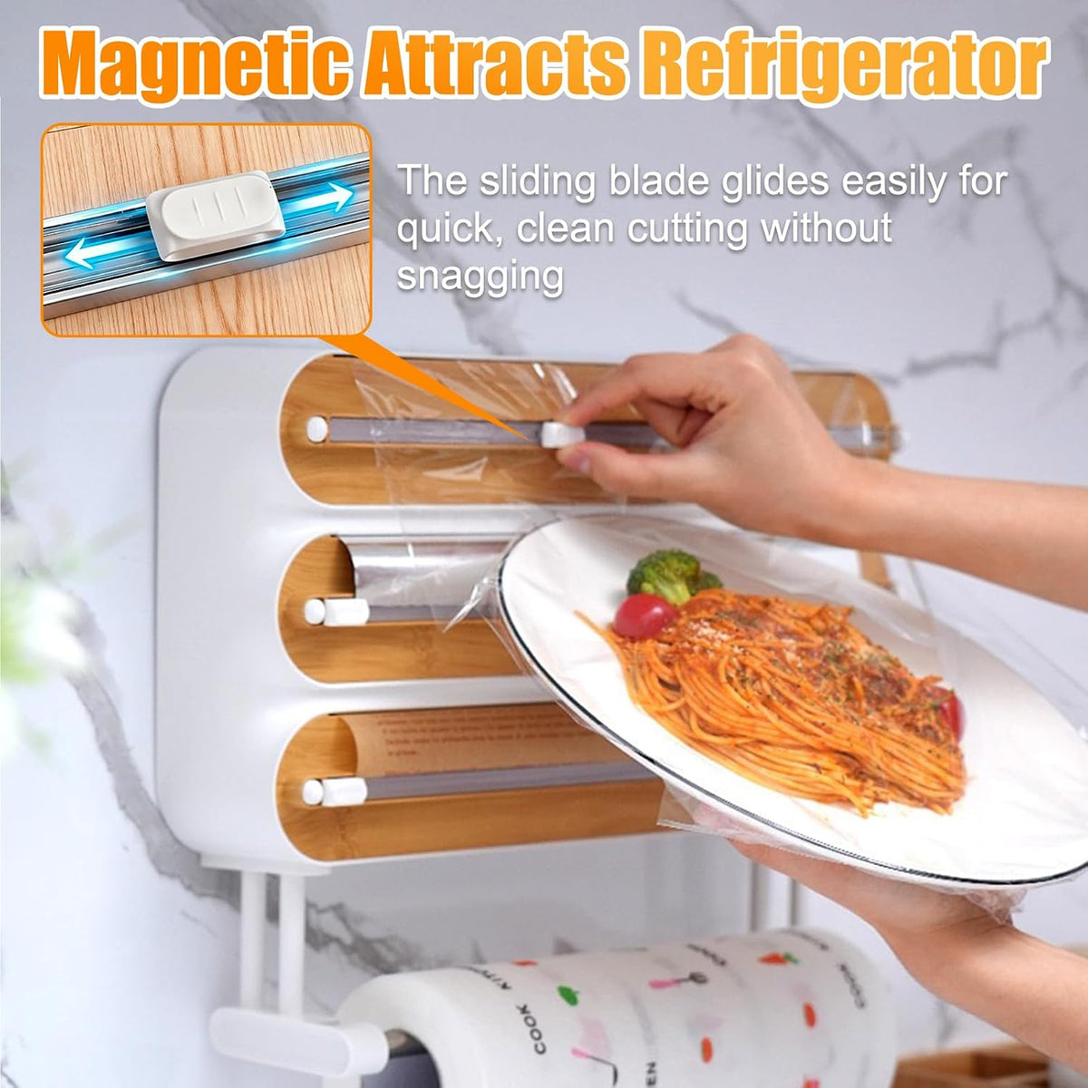 4 in 1 Plastic Wrap Dispenser with Cutter,Wooden Aluminum Foil Organizer | Magnetic Holder with Kitchen Towel Holder, Wall Mount Kitchen Wrap Dispenser for Pantry and Kitchen Cabinet