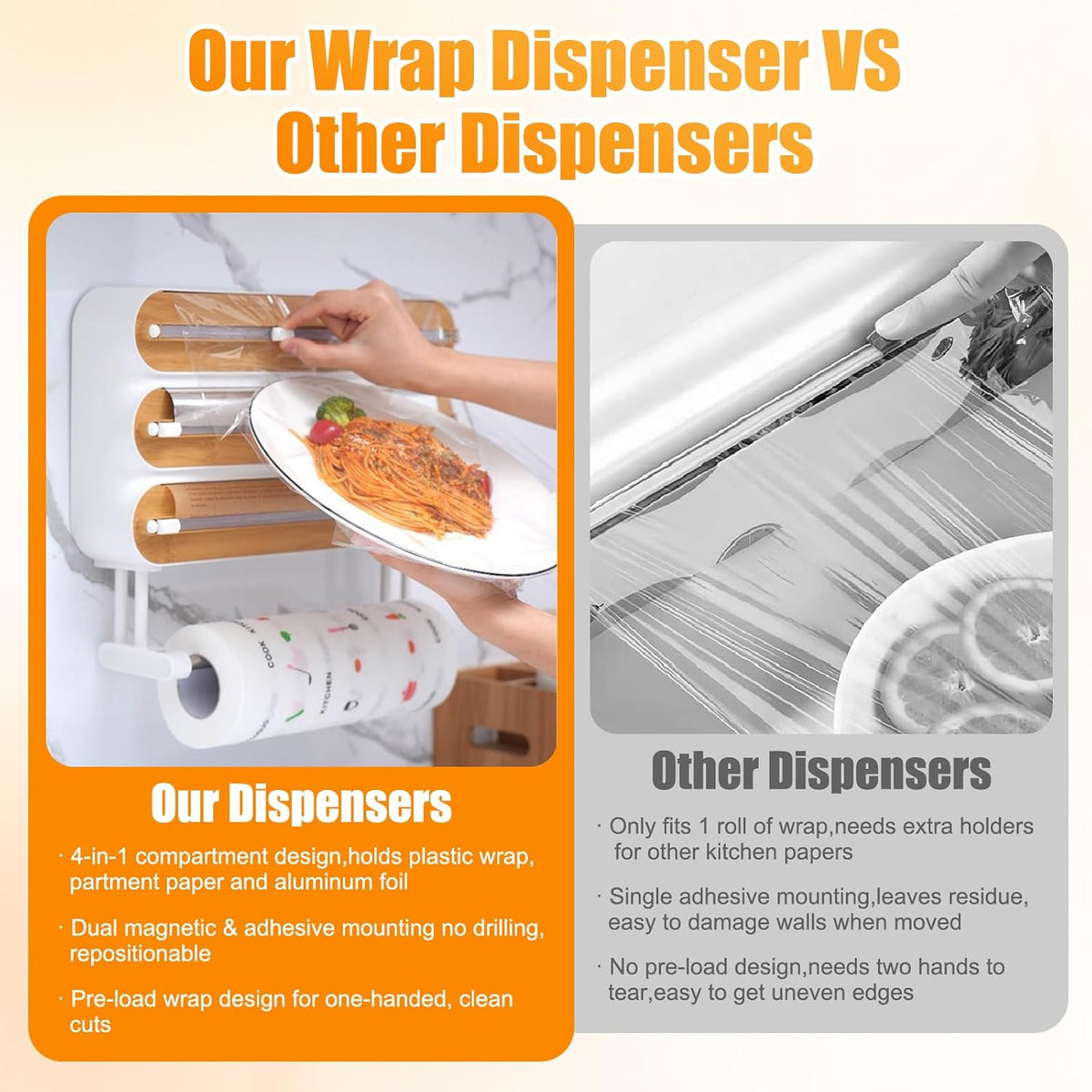 4 in 1 Plastic Wrap Dispenser with Cutter,Wooden Aluminum Foil Organizer | Magnetic Holder with Kitchen Towel Holder, Wall Mount Kitchen Wrap Dispenser for Pantry and Kitchen Cabinet