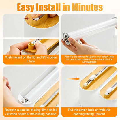 4 in 1 Plastic Wrap Dispenser with Cutter,Wooden Aluminum Foil Organizer | Magnetic Holder with Kitchen Towel Holder, Wall Mount Kitchen Wrap Dispenser for Pantry and Kitchen Cabinet