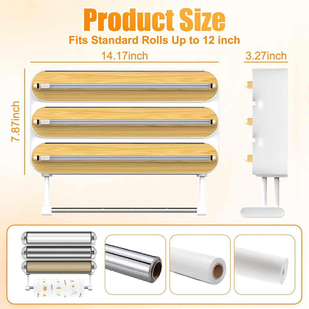 4 in 1 Plastic Wrap Dispenser with Cutter,Wooden Aluminum Foil Organizer | Magnetic Holder with Kitchen Towel Holder, Wall Mount Kitchen Wrap Dispenser for Pantry and Kitchen Cabinet