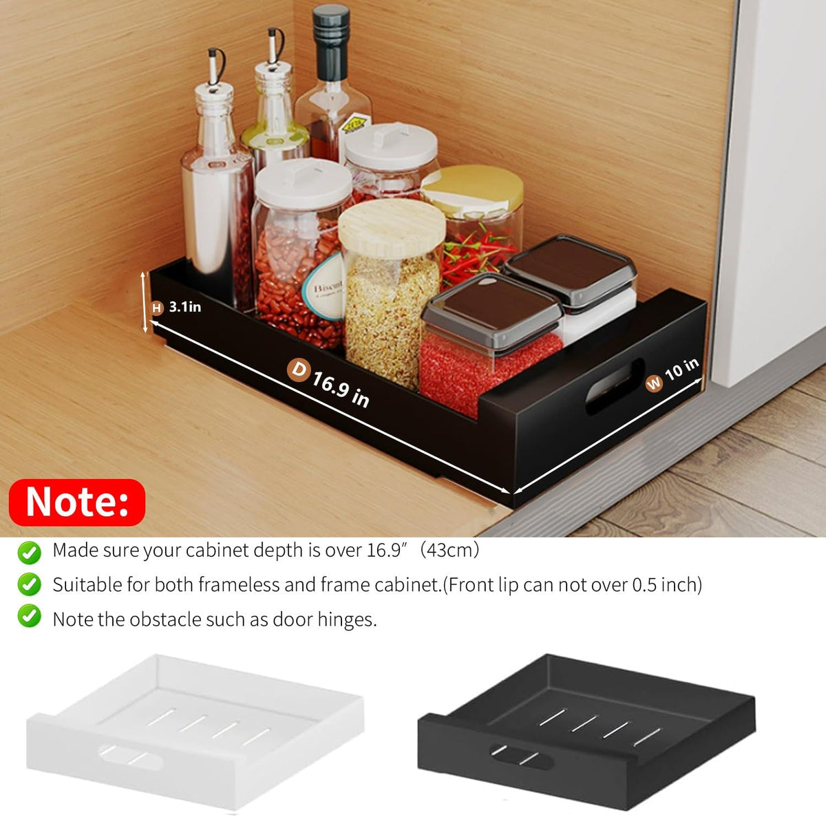 2 Pack Pull Out Cabinet Organizer Adhesive, 10" Wide 16.9" Deep Pull out Drawers for Face Frame or Frameless Cabinets, No Drill Heavy Duty Carbon Steel Drawer, Pantry Cabinet Shelf