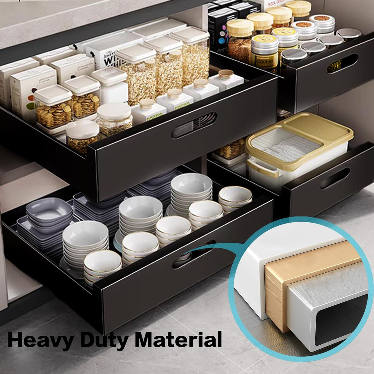 2 Pack Pull Out Cabinet Organizer Adhesive, 10" Wide 16.9" Deep Pull out Drawers for Face Frame or Frameless Cabinets, No Drill Heavy Duty Carbon Steel Drawer, Pantry Cabinet Shelf