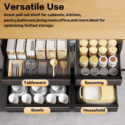 2 Pack Pull Out Cabinet Organizer Adhesive, 10" Wide 16.9" Deep Pull out Drawers for Face Frame or Frameless Cabinets, No Drill Heavy Duty Carbon Steel Drawer, Pantry Cabinet Shelf