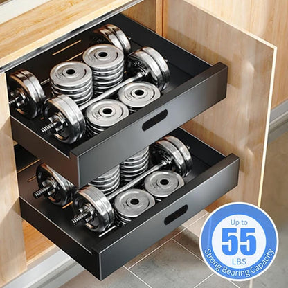 2 Pack Pull Out Cabinet Organizer Adhesive, 10" Wide 16.9" Deep Pull out Drawers for Face Frame or Frameless Cabinets, No Drill Heavy Duty Carbon Steel Drawer, Pantry Cabinet Shelf