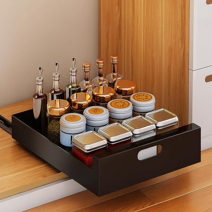2 Pack Pull Out Cabinet Organizer Adhesive, 10" Wide 16.9" Deep Pull out Drawers for Face Frame or Frameless Cabinets, No Drill Heavy Duty Carbon Steel Drawer, Pantry Cabinet Shelf