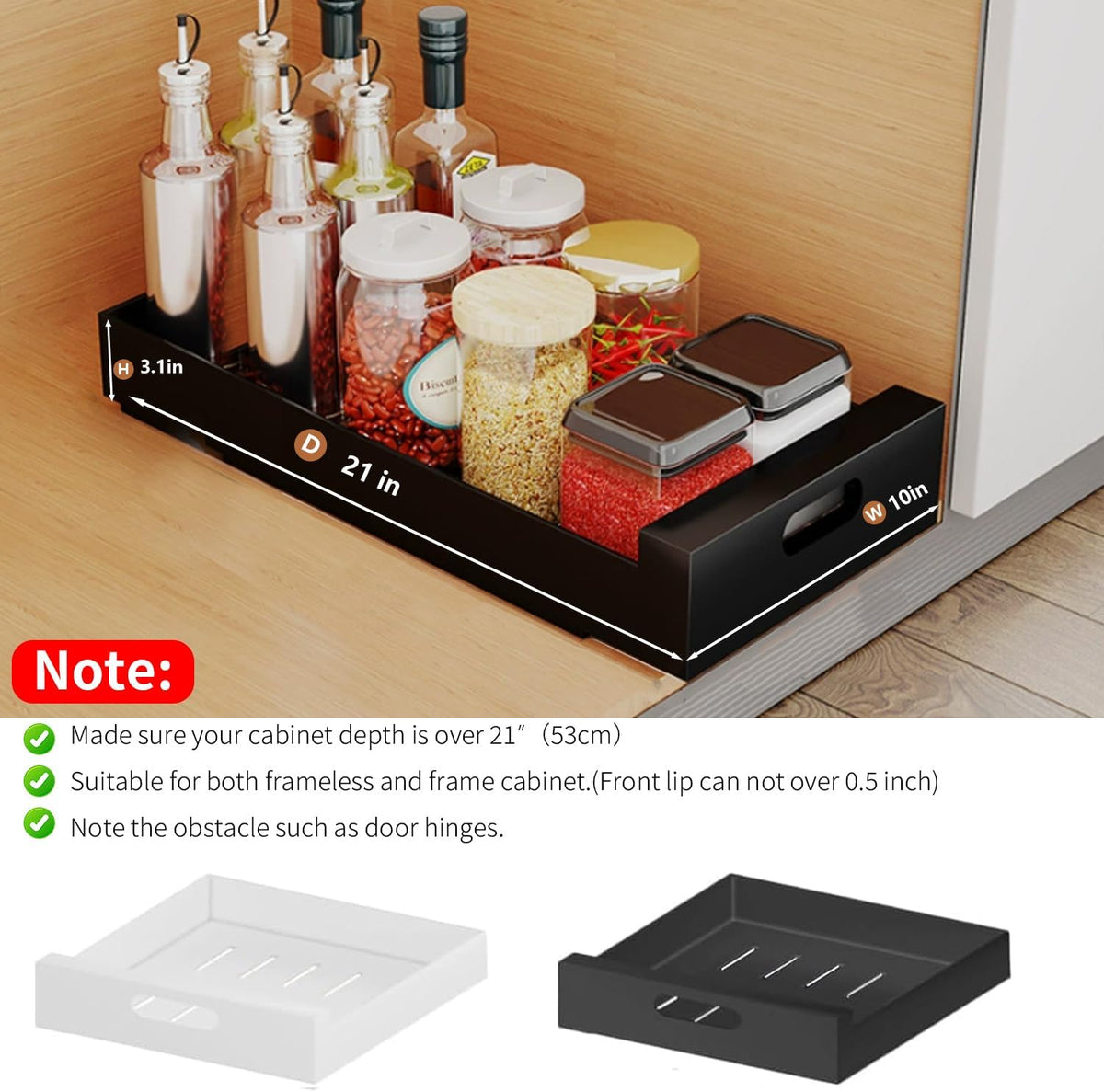 2 Pack Pull Out Cabinet Organizer Adhesive, 10" Wide 16.9" Deep Pull out Drawers for Face Frame or Frameless Cabinets, No Drill Heavy Duty Carbon Steel Drawer, Pantry Cabinet Shelf