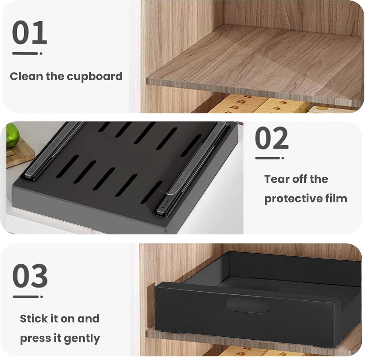 2 Pack Pull Out Cabinet Organizer Adhesive, 10" Wide 16.9" Deep Pull out Drawers for Face Frame or Frameless Cabinets, No Drill Heavy Duty Carbon Steel Drawer, Pantry Cabinet Shelf