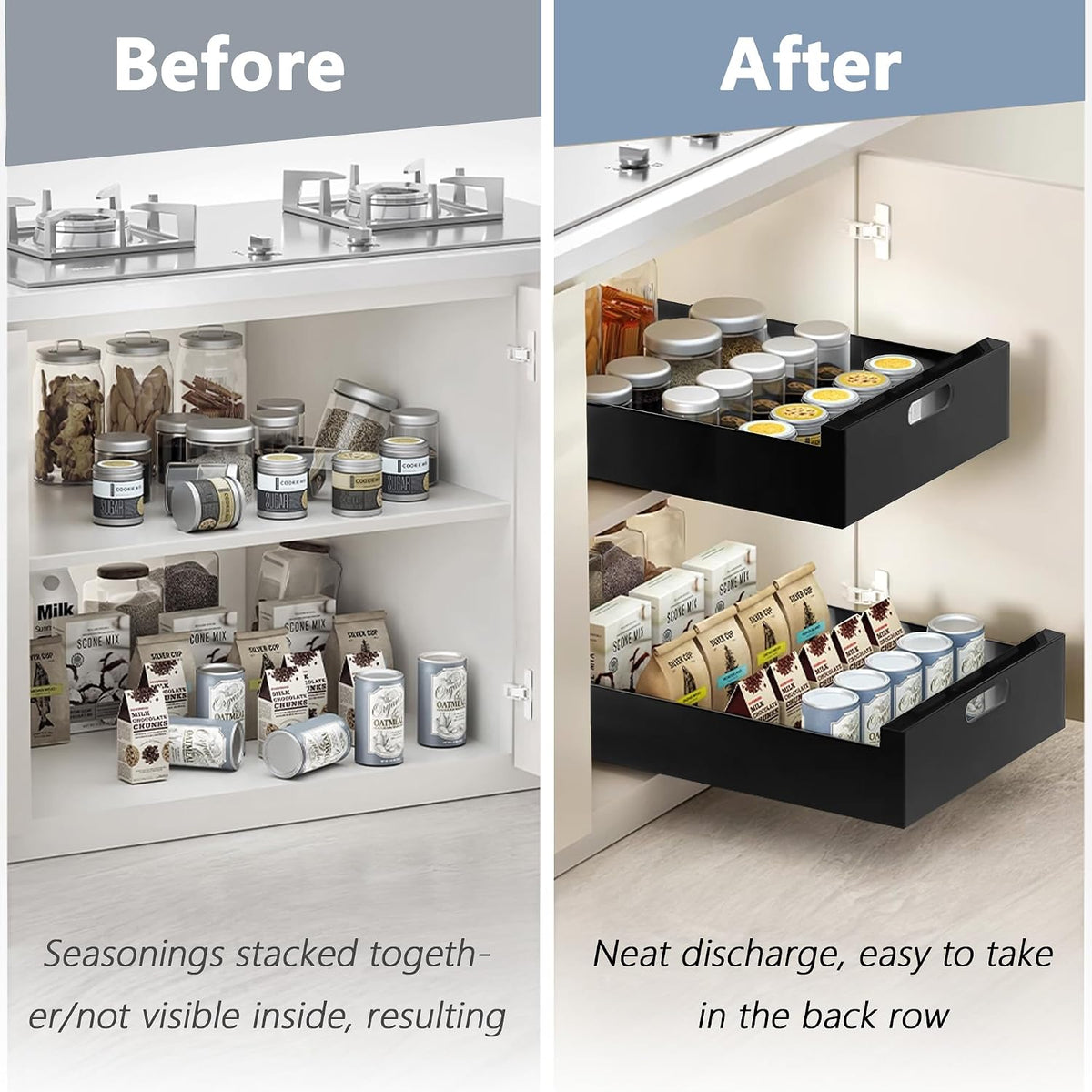 2 Pack Pull Out Cabinet Organizer Adhesive, 10" Wide 16.9" Deep Pull out Drawers for Face Frame or Frameless Cabinets, No Drill Heavy Duty Carbon Steel Drawer, Pantry Cabinet Shelf