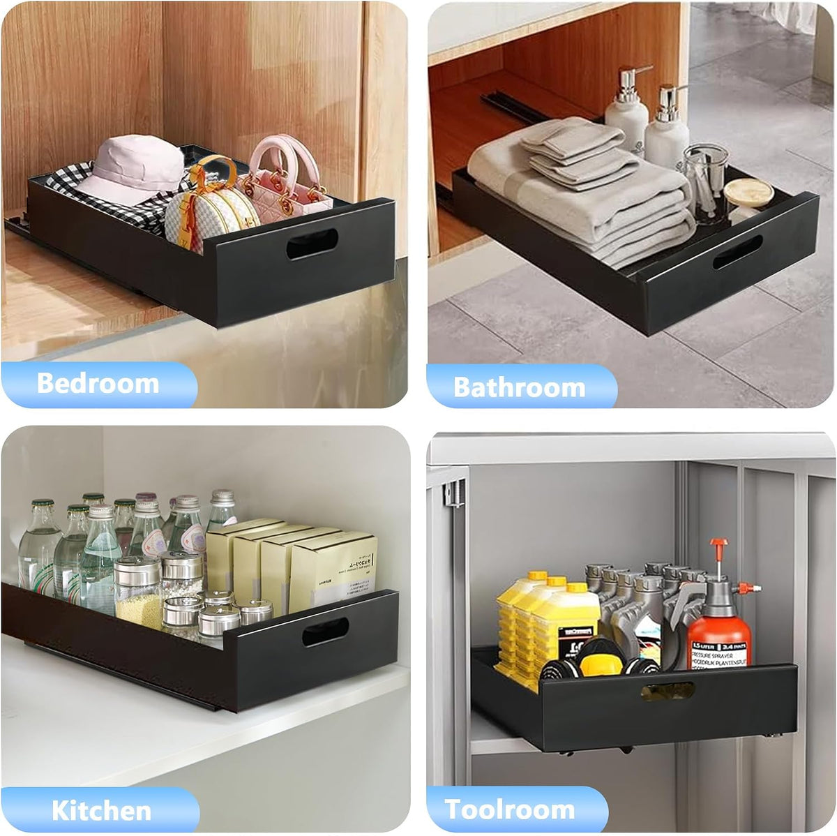 2 Pack Pull Out Cabinet Organizer Adhesive, 10" Wide 16.9" Deep Pull out Drawers for Face Frame or Frameless Cabinets, No Drill Heavy Duty Carbon Steel Drawer, Pantry Cabinet Shelf
