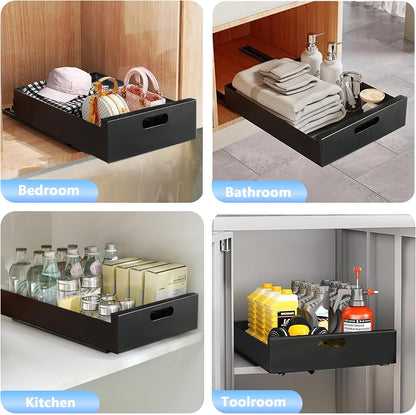 2 Pack Pull Out Cabinet Organizer Adhesive, 10" Wide 16.9" Deep Pull out Drawers for Face Frame or Frameless Cabinets, No Drill Heavy Duty Carbon Steel Drawer, Pantry Cabinet Shelf