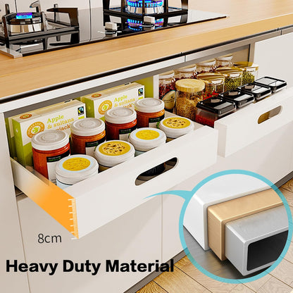 2 Pack Pull Out Cabinet Organizer Adhesive, 10" Wide 16.9" Deep Pull out Drawers for Face Frame or Frameless Cabinets, No Drill Heavy Duty Carbon Steel Drawer, Pantry Cabinet Shelf