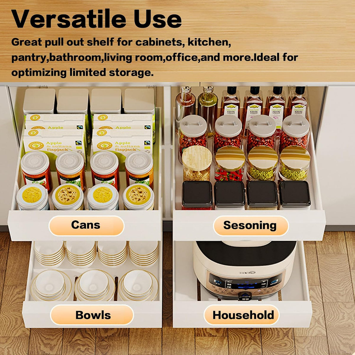 2 Pack Pull Out Cabinet Organizer Adhesive, 10" Wide 16.9" Deep Pull out Drawers for Face Frame or Frameless Cabinets, No Drill Heavy Duty Carbon Steel Drawer, Pantry Cabinet Shelf