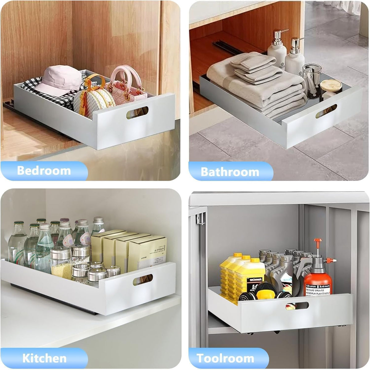 2 Pack Pull Out Cabinet Organizer Adhesive, 10" Wide 16.9" Deep Pull out Drawers for Face Frame or Frameless Cabinets, No Drill Heavy Duty Carbon Steel Drawer, Pantry Cabinet Shelf