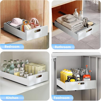 2 Pack Pull Out Cabinet Organizer Adhesive, 10" Wide 16.9" Deep Pull out Drawers for Face Frame or Frameless Cabinets, No Drill Heavy Duty Carbon Steel Drawer, Pantry Cabinet Shelf
