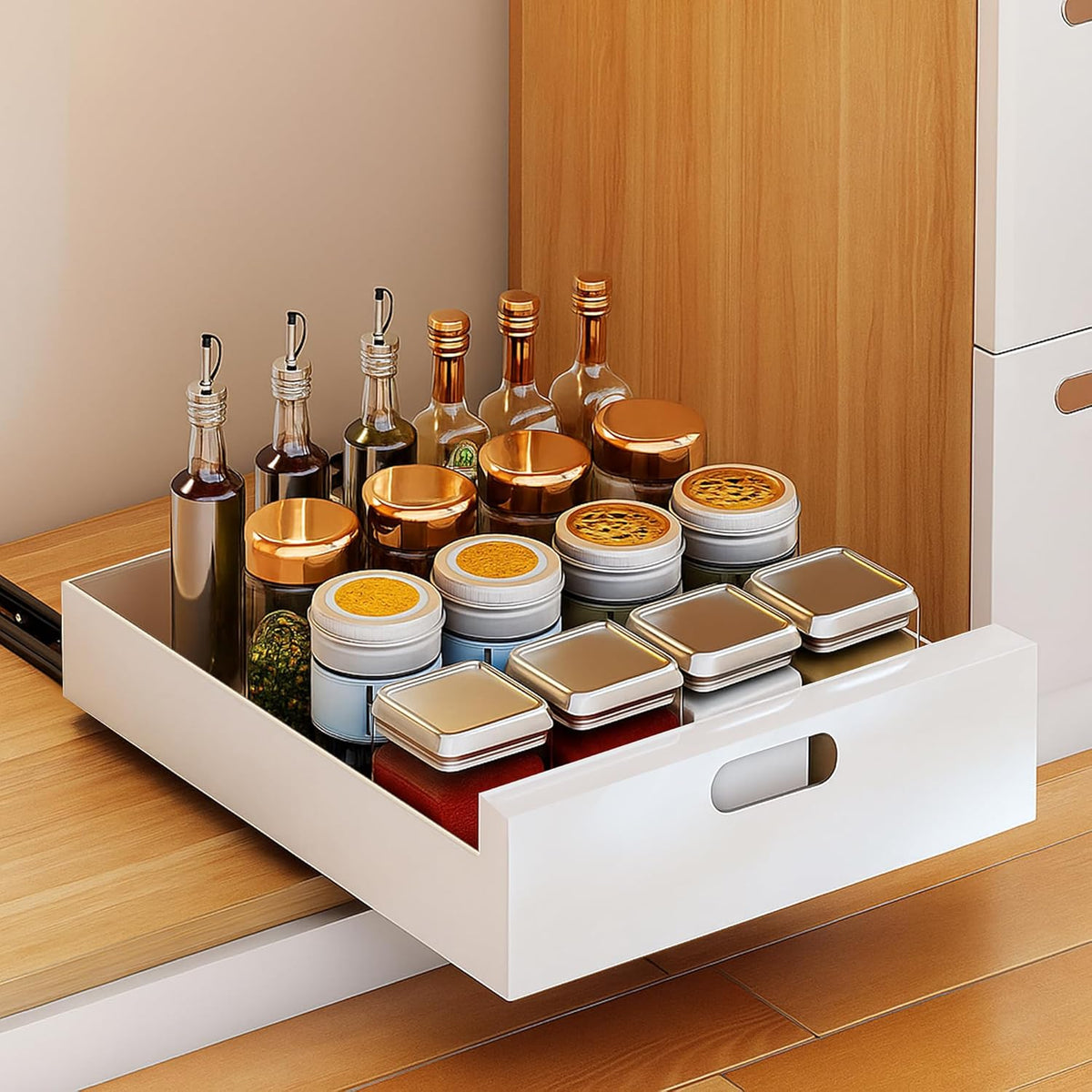 2 Pack Pull Out Cabinet Organizer Adhesive, 10" Wide 16.9" Deep Pull out Drawers for Face Frame or Frameless Cabinets, No Drill Heavy Duty Carbon Steel Drawer, Pantry Cabinet Shelf