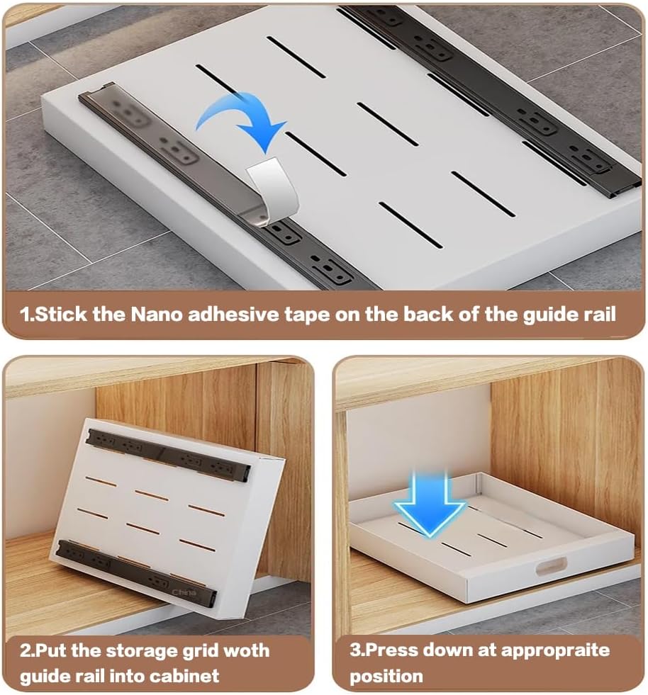 2 Pack Pull Out Cabinet Organizer Adhesive, 10" Wide 16.9" Deep Pull out Drawers for Face Frame or Frameless Cabinets, No Drill Heavy Duty Carbon Steel Drawer, Pantry Cabinet Shelf