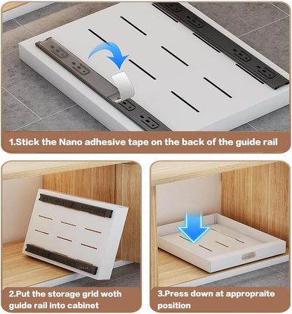 2 Pack Pull Out Cabinet Organizer Adhesive, 10" Wide 16.9" Deep Pull out Drawers for Face Frame or Frameless Cabinets, No Drill Heavy Duty Carbon Steel Drawer, Pantry Cabinet Shelf