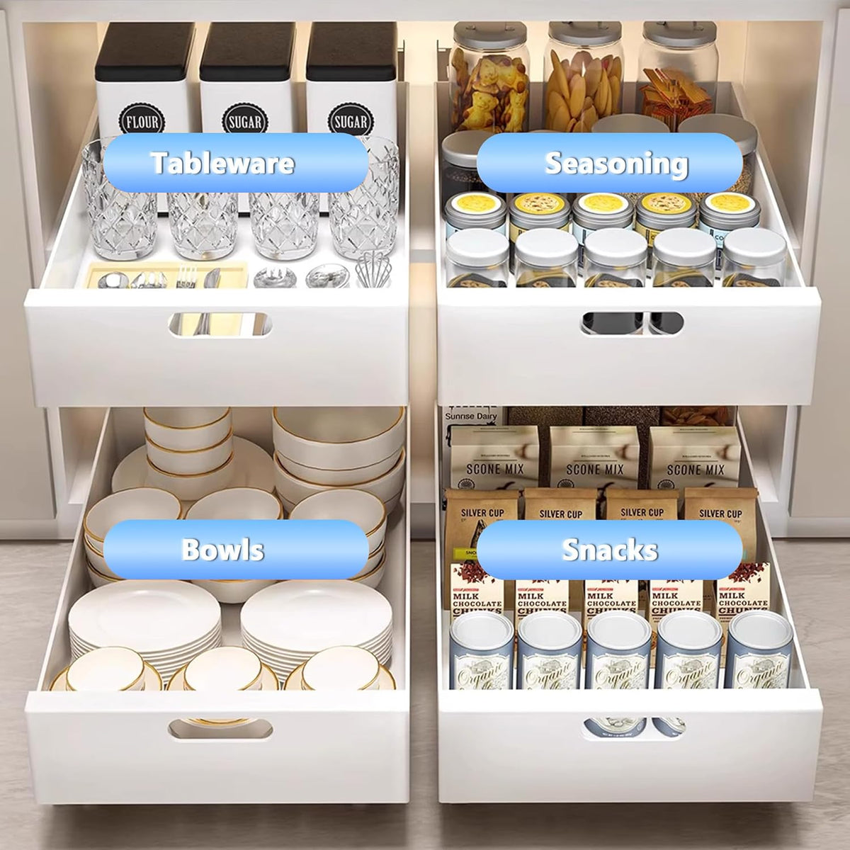 2 Pack Pull Out Cabinet Organizer Adhesive, 10" Wide 16.9" Deep Pull out Drawers for Face Frame or Frameless Cabinets, No Drill Heavy Duty Carbon Steel Drawer, Pantry Cabinet Shelf