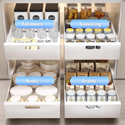 2 Pack Pull Out Cabinet Organizer Adhesive, 10" Wide 16.9" Deep Pull out Drawers for Face Frame or Frameless Cabinets, No Drill Heavy Duty Carbon Steel Drawer, Pantry Cabinet Shelf