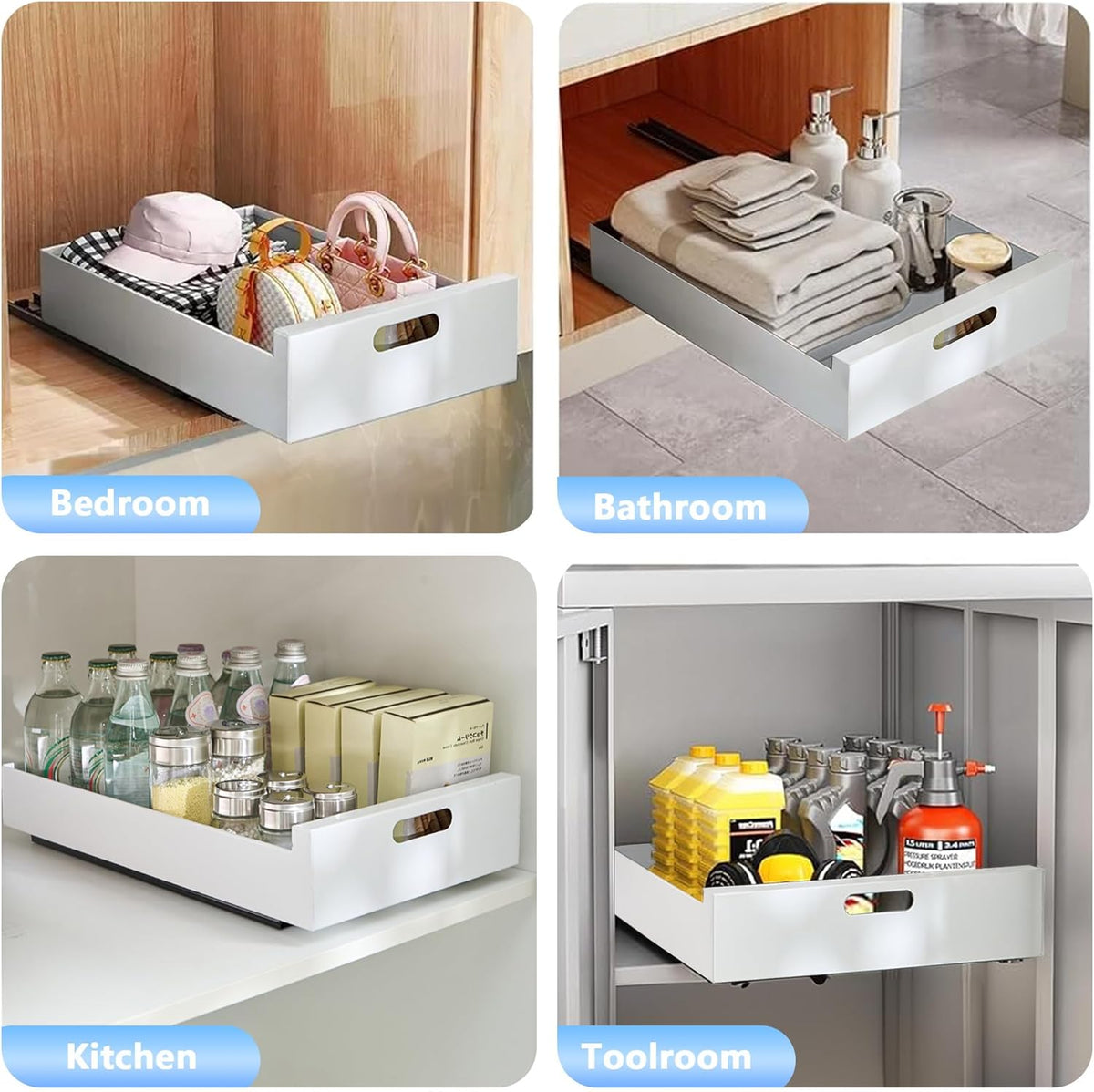 2 Pack Pull Out Cabinet Organizer Adhesive, 10" Wide 16.9" Deep Pull out Drawers for Face Frame or Frameless Cabinets, No Drill Heavy Duty Carbon Steel Drawer, Pantry Cabinet Shelf
