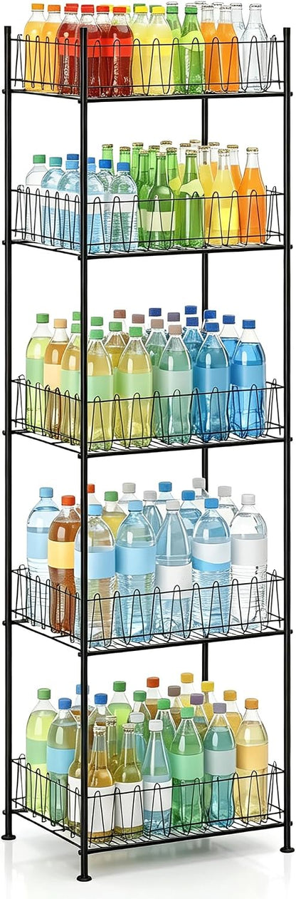 Water Bottle Organizer 5 Tier Water Bottle Storage Rack Beverage Organizer for Pantry, Metal Bottled Water Drink Holder, Large Capacity Soda Can Organizer for Kitchen Party