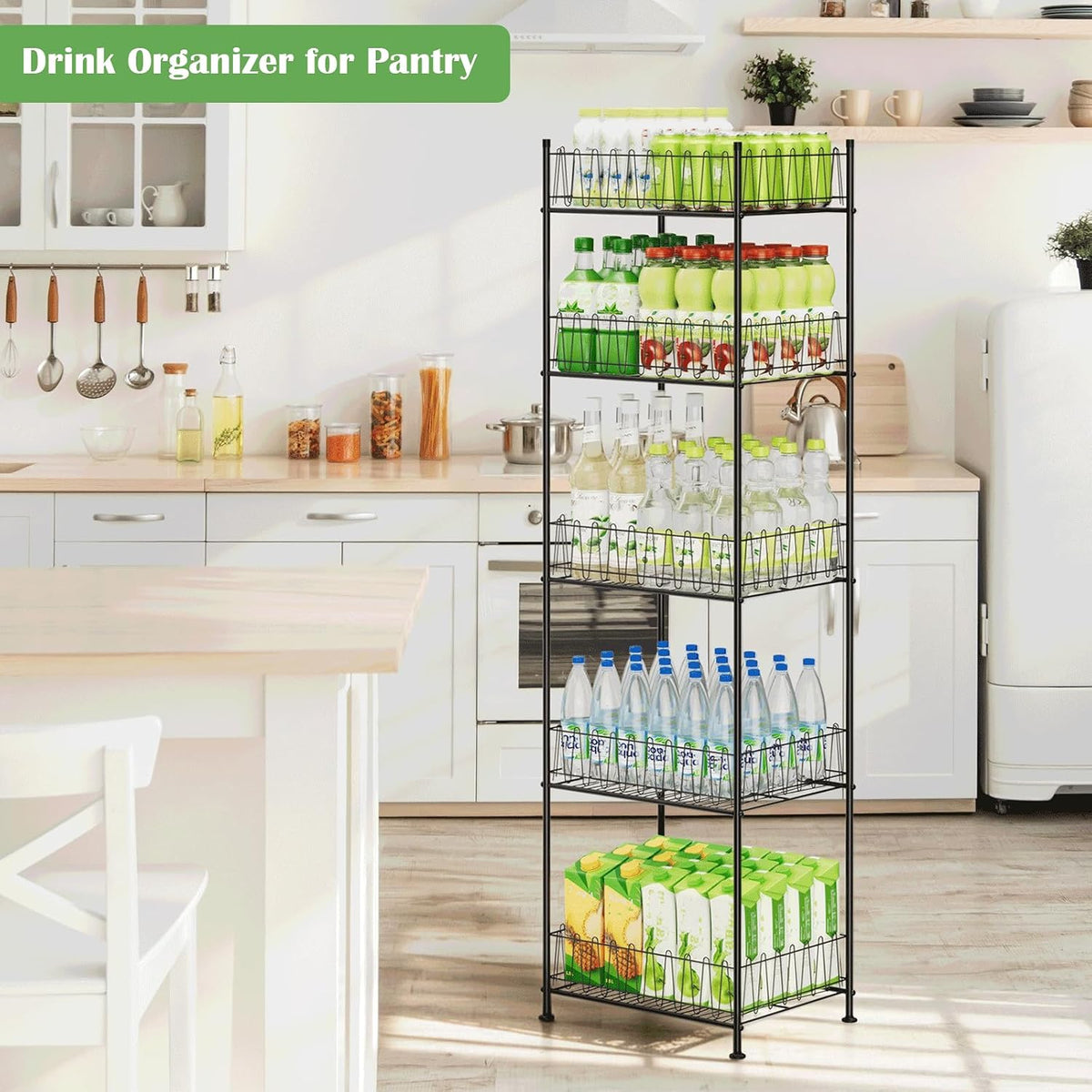 Water Bottle Organizer 5 Tier Water Bottle Storage Rack Beverage Organizer for Pantry, Metal Bottled Water Drink Holder, Large Capacity Soda Can Organizer for Kitchen Party