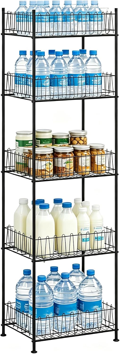Water Bottle Organizer 5 Tier Water Bottle Storage Rack Beverage Organizer for Pantry, Metal Bottled Water Drink Holder, Large Capacity Soda Can Organizer for Kitchen Party
