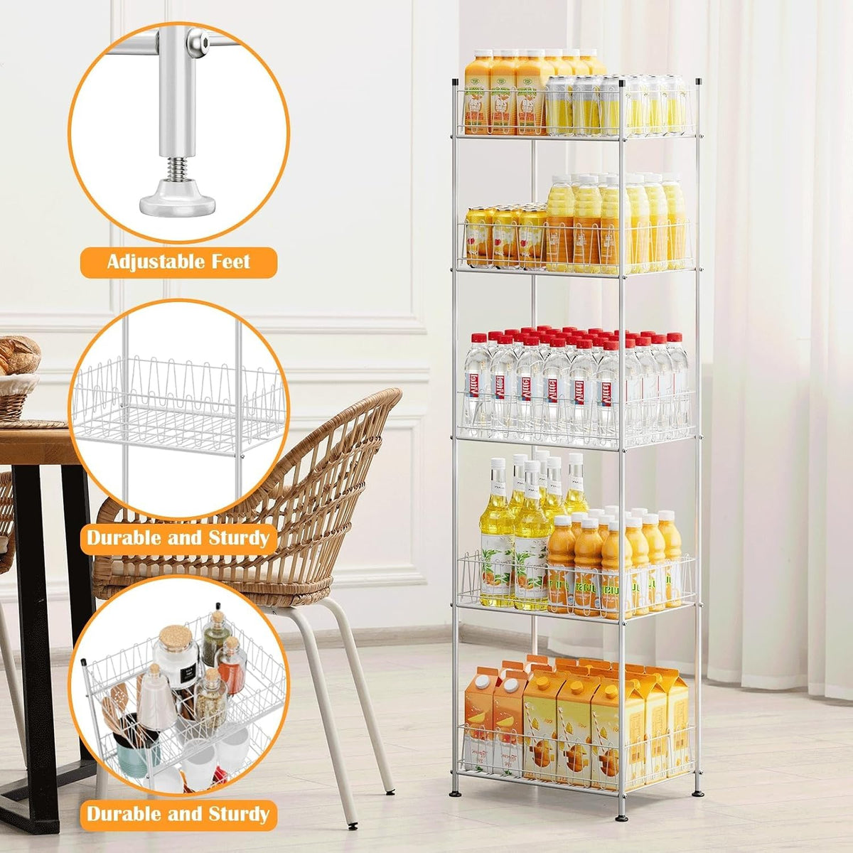 Water Bottle Organizer 5 Tier Water Bottle Storage Rack Beverage Organizer for Pantry, Metal Bottled Water Drink Holder, Large Capacity Soda Can Organizer for Kitchen Party
