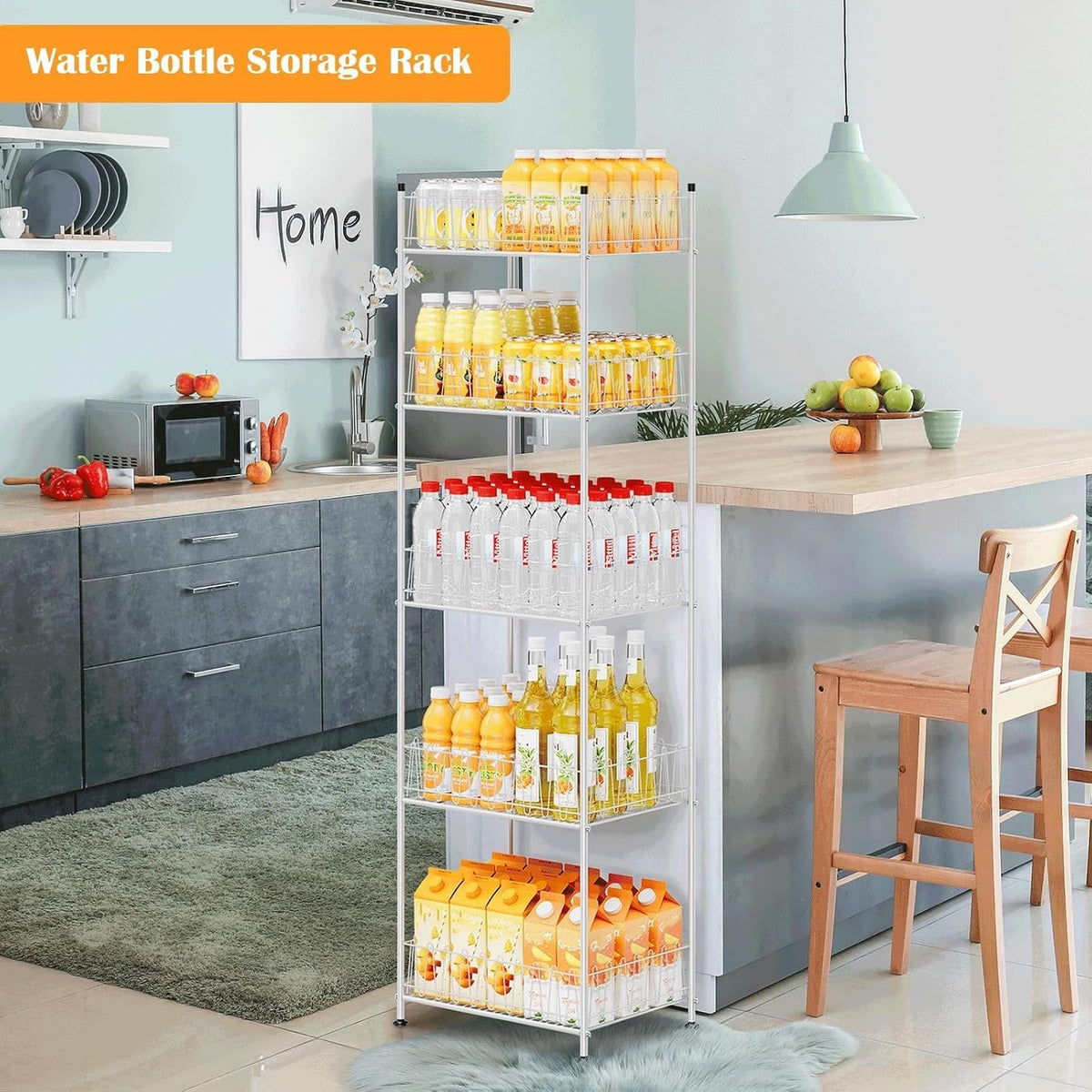 Water Bottle Organizer 5 Tier Water Bottle Storage Rack Beverage Organizer for Pantry, Metal Bottled Water Drink Holder, Large Capacity Soda Can Organizer for Kitchen Party