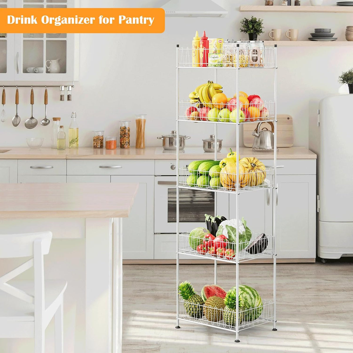 Water Bottle Organizer 5 Tier Water Bottle Storage Rack Beverage Organizer for Pantry, Metal Bottled Water Drink Holder, Large Capacity Soda Can Organizer for Kitchen Party