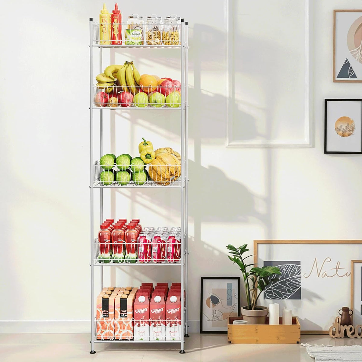 Water Bottle Organizer 5 Tier Water Bottle Storage Rack Beverage Organizer for Pantry, Metal Bottled Water Drink Holder, Large Capacity Soda Can Organizer for Kitchen Party