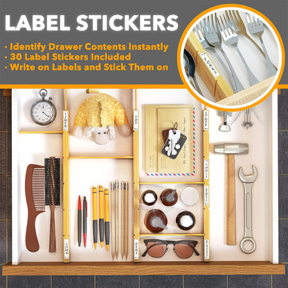 Bamboo Drawer Dividers with Inserts and Labels, Kitchen Adjustable Drawer Organizers, Expandable Organization for Home, Office, Dressers, 4 Dividers with 9 Inserts (17"-22" Natural)